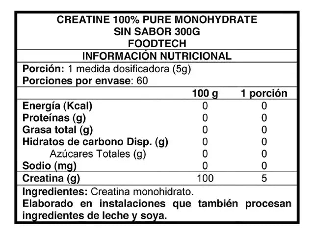 Creatina Monohidratada Pura Foodtech 300g Sin Sabor