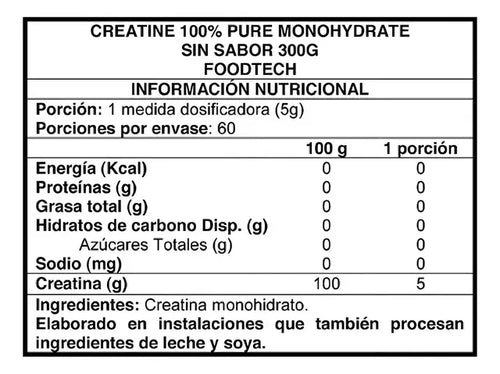 Creatina Monohidratada Pura Foodtech 300g Sin Sabor